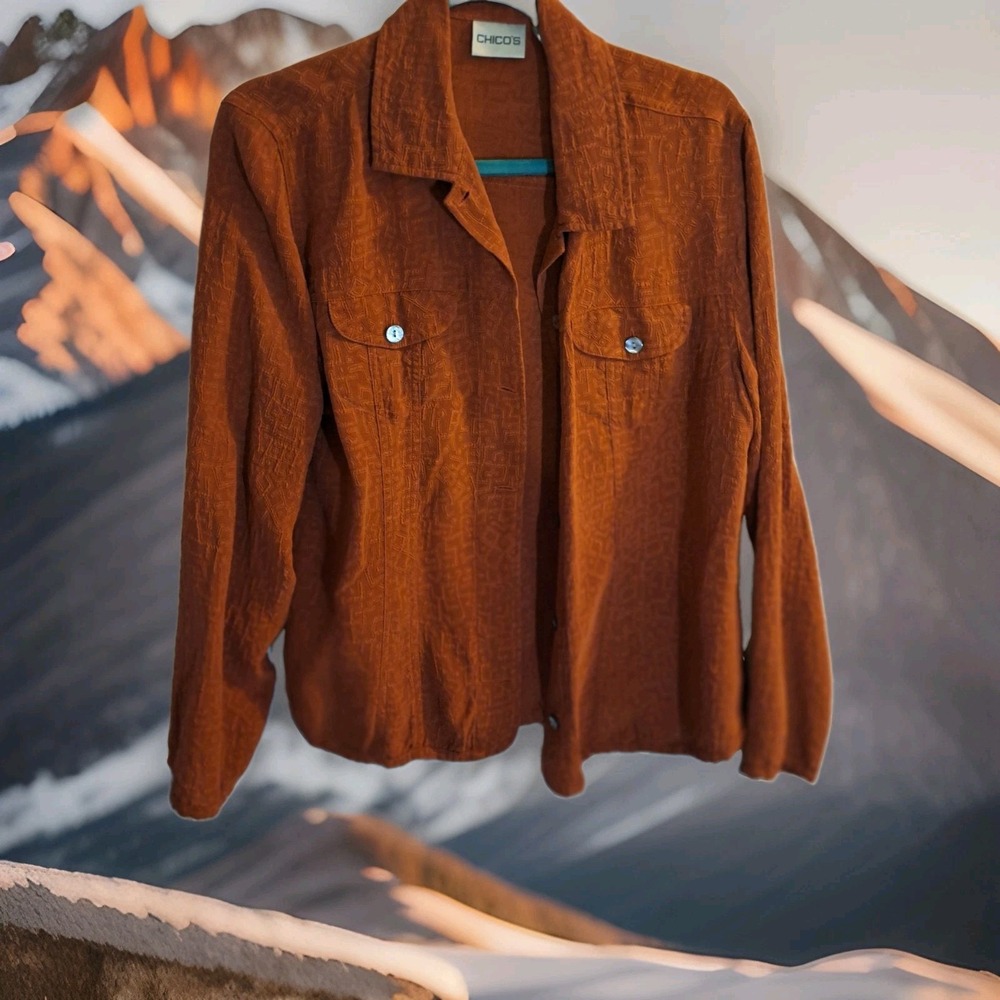 Chicos 100% Silk Rust Womens Casual Shirt Long Sleeve Sz1 ‎ 0068
